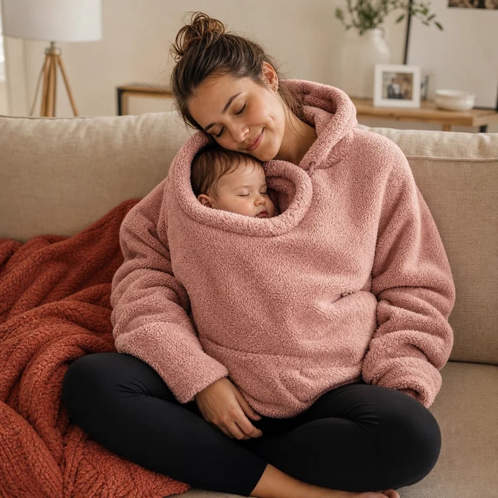 Mother resting on the sofa with her baby asleep inside the rose Snuggle Hoodie