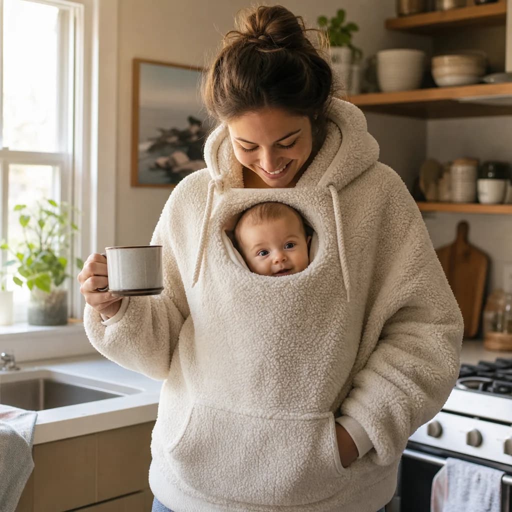 Mother wearing the cream Snuggle Hoodie with her baby on her chest, coffee in hand