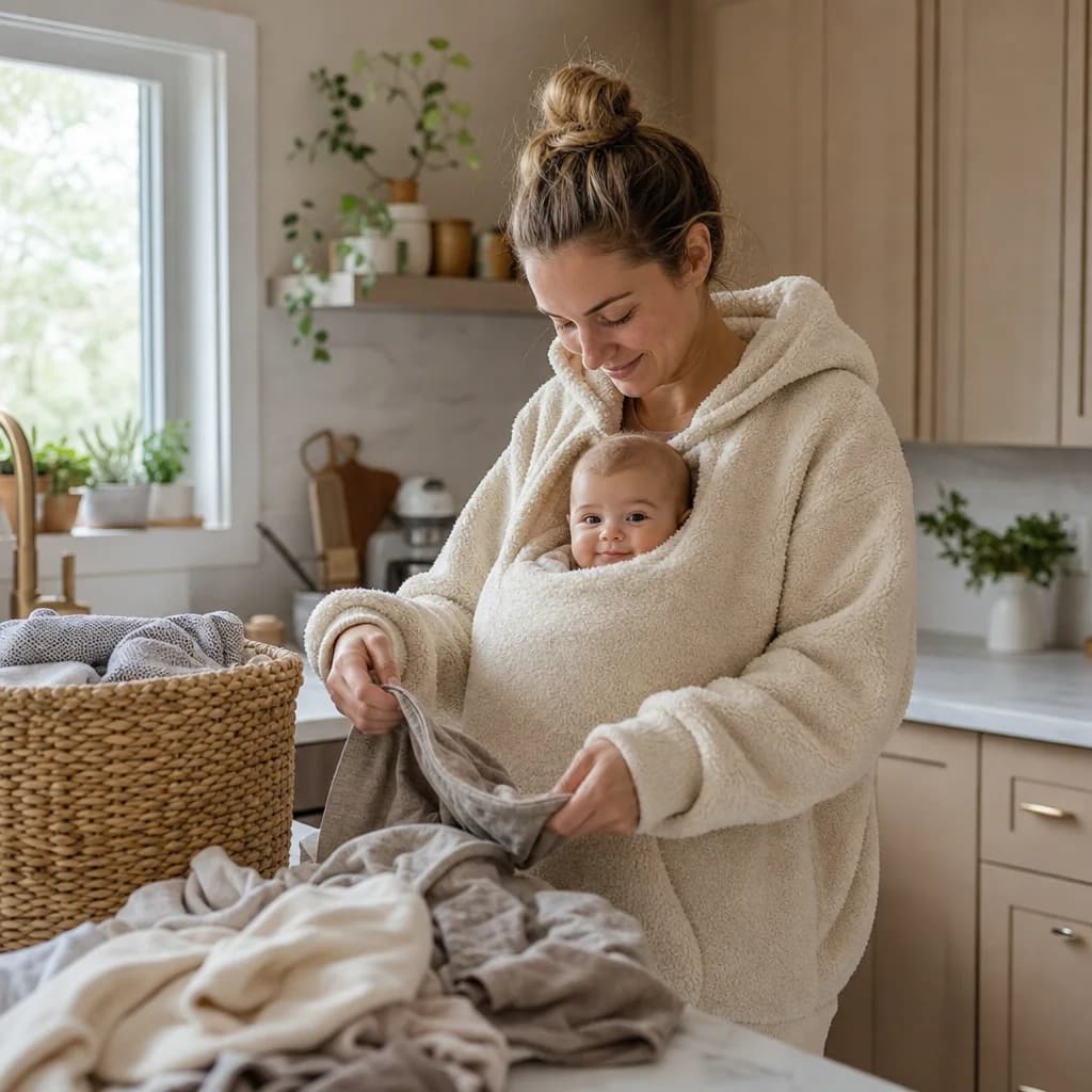 Parent folding laundry with both hands while the baby naps in the hoodie seat