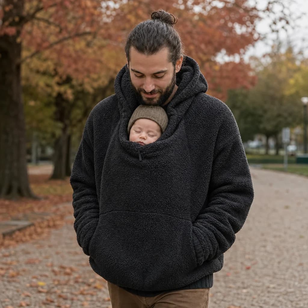 Father walking through the park with his baby asleep in the black Snuggle Hoodie